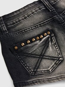 ROMWE Grunge Punk Celana Pendek Denim Hitam & Abu-abu Wanita, Gaya Street Punk dengan Hiasan Paku Keling, Vintage Retro, Dapat Dipersonalisasi - Hitam - View 4