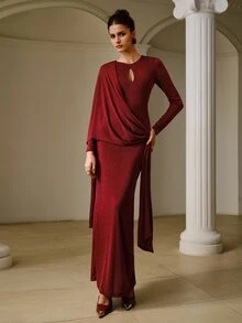 ZEYLAH Women's Solid Color Pleated Ribbon Design Fitted Elegant Dress - Burgundy - View 5