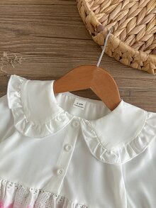 SHEIN Playful Pals 女嬰可愛娃娃風大領口前開扣刺繡下擺鬆緊腰刺繡袖口長袖長褲套裝，春秋款 - 粉色 - 查看 5