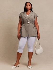 SHEIN SXY Grey Pleated Notch Lapel Waist-Cinching Sleeveless Blazer - Grey - View 6