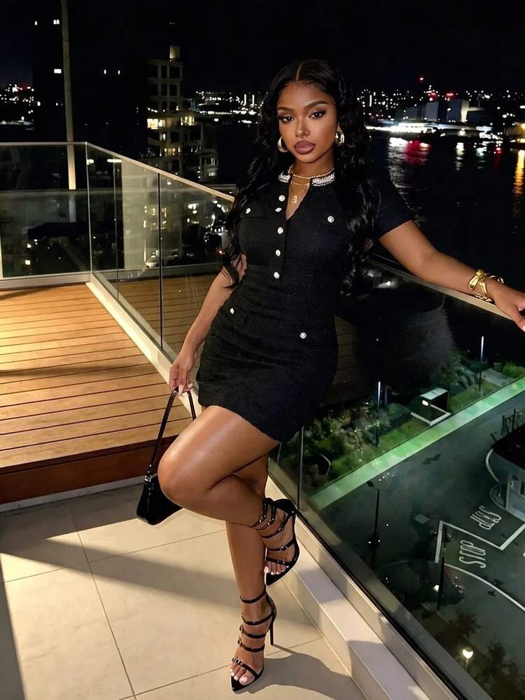 Slaydiva Women Luxury Black Tweed Hot Girl Bodycon Dress Sparkly Beaded Collar Silver Pearl Buttons Christmas Holiday Elegant Cocktail Party Evening Outfit - Black - View 4