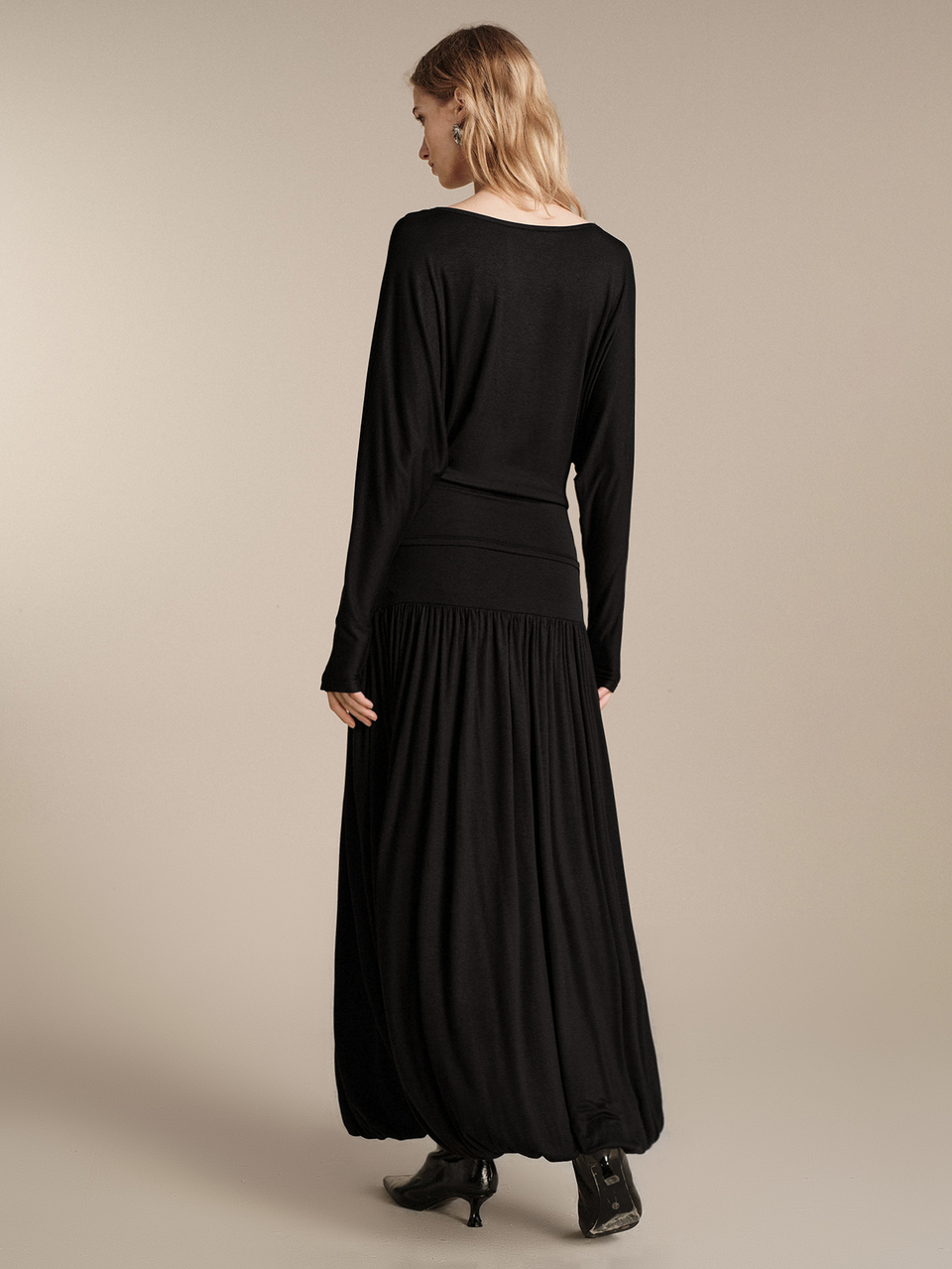 Anewsta Soft Drape Lyocell Knit Set For Women, Asymmetric Neck Batwing Sleeve Loose Top + Ruched Skirt, Minimalist Premium Black 2 Pieces Set, Commuter Casual Versatile Slouchy Outfit