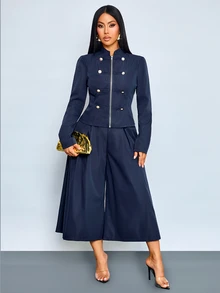 SOLERSUN Women's Vintage Military Two Pieces Suit, Napoleon Inspired Cropped Jacket And High Waist Wide Leg Pants Set With Gold Button Accents - Blue - View 3