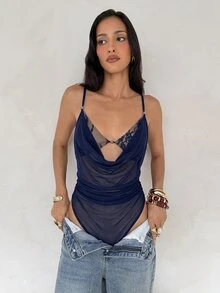 Aloruh 女款蕾絲拼接百褶性感百搭細肩帶背心 - 藏蓝色 - 查看 6