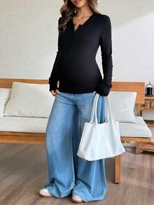 Dazy Maternity Solid Color Slim Fit Elastic Long Sleeve Crew Neck Casual Daily Holiday Spring Autumn Maternity T-Shirt - Black - View 3