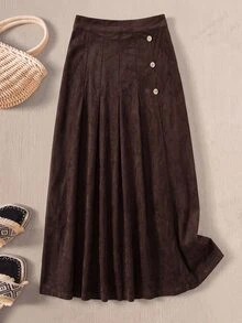Rusticease Middle-Aged Women Solid Color Casual Versatile Daily Wear Skirt - Coffee Brown - View 1