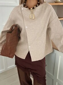 DAZY Women's Autumn/Winter Round Neck Long Sleeve Asymmetric Front Loose Solid Color Minimalist Casual Commuter Jacket Cardigan Overcoat - Khaki - View 3