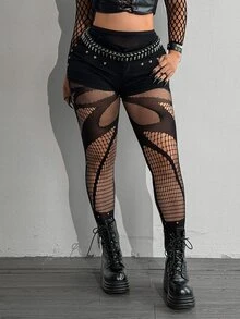 Whyspr Legging Ketat Seksi Serbaguna Berlubang untuk Wanita Ukuran Plus - Hitam - View 2