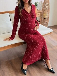 DAZY Floral Print Ruched Ruffle Trim Fitted Elastic Long Sleeve V-Neck Casual Vacation Sexy Home Daily Spring Autumn Maternity Dress - Red - View 6
