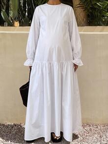 DAZY Solid Color Loose Ruffle Long Sleeve Round Neck Dress, Elegant Maternity Dress For Vacation And Daily Wear, Spring And Autumn - White - View 3
