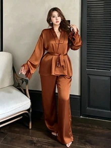 Dazy Plus Elegant Contrast Color Striped Cuff Lace Patchwork 2-Piece Set New Year Red Pajama Set Fall - Orange - View 6