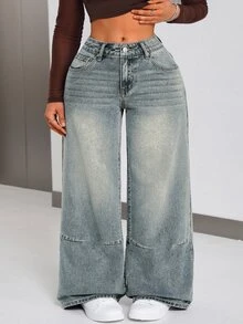 Plus Size Women's Casual Daily Outing Denim Jeans With Pockets And Buttons - Blue - View 4