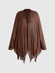 ROMWE Goth Vintage Dark Batwing Sleeve Asymmetrical Hem Sheer Plus Size Knit Cardigan - Brown - View 1