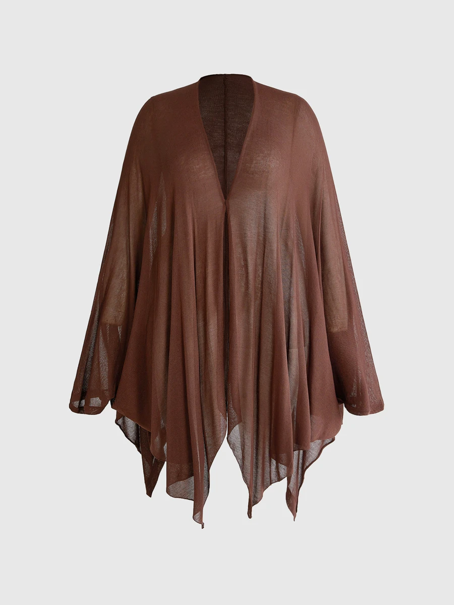 ROMWE Goth Vintage Dark Batwing Sleeve Asymmetrical Hem Sheer Plus Size Knit Cardigan - Brown - View 1