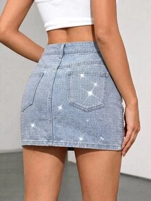 SHEIN ICON Women's Rhinestone Embellished Pocket Casual Versatile Denim Skirt - Light Wash - View 6
