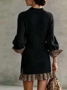 SHEIN 秋冬新款法式復古豹紋拼接針織洋裝女款，V領燈籠袖修身毛衣洋裝 - 黑色 - 查看 3