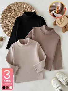 SHEIN Vintaside Kids 3件組女嬰高領內搭上衣 可愛黑色、棕色、米色 抓絨內裡 長袖假領 派對冬季秋季聖誕假期 羅紋款 - 彩色 - 查看 1