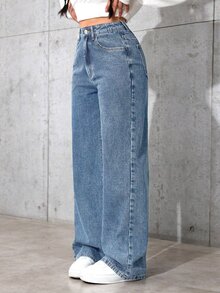 SHEIN Tween Girl Girls' Dark Blue Denim Loose Fit Long Pants - Medium Wash - View 3