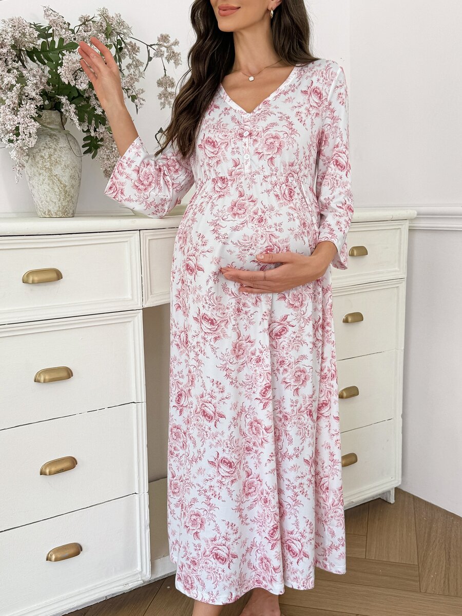 Moonlight&Mama Elegant lång gravidklänning/nattlinne med blommigt tryck, knappar och 3/4-ärm, hemmaessentiell - Multifärgad - Visa 1