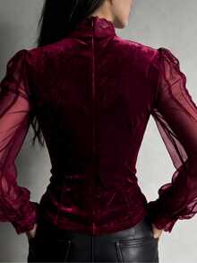 SHEIN LUNE 女款時尚酒紅色天鵝絨束腰上衣，透視袖口配蕾絲飾邊，萬聖節晚餐外出性感哥德風 - 酒紅色 - 查看 2
