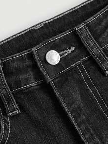 SHEIN Girlism 青少年女孩休閒水洗翅膀刺繡水鑽裝飾喇叭牛仔褲 - 黑色 - 查看 4
