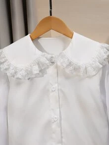 SHEIN 女童春秋泡泡長袖重工刺繡大領襯衫，可拆卸蝴蝶結裝飾，挺挺版型，秋季上衣 - 白色 - 查看 3