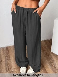 SHEIN PETITE CURVE Women's Apricot Wide-Leg Woven Pants, Plus Size And Loose Fit - Dark Grey - View 4