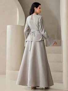 Veilorie Women's Solid Color Round Neck Flare Sleeve Blouse And Pleated Skirt Elegant 2 Pieces Set - Khaki - View 3