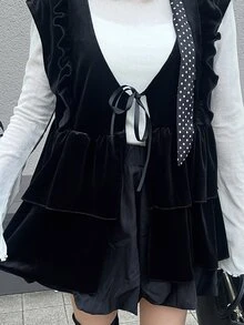 FRIFUL Women's Solid Color Front Tie Patchwork Ruffle Casual Elegant Tank Top Brunch Black Summer Fall - Black - View 4