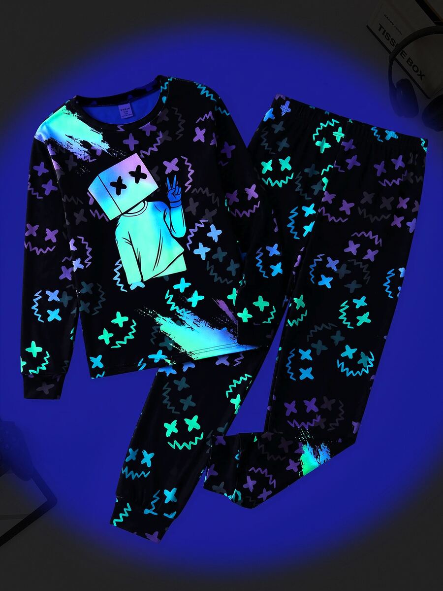 SHEIN Tween Boy Neon Game Console Pattern Crew Neck Long Sleeve Pants Casual Comfortable Fitted Loungewear Pajama Set 2pcs - Multicolor - View 1