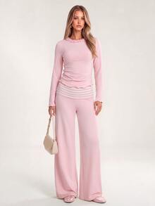 Avantive Women's Sweet Frill Trim Top And Striped Colorblock Pants 2 Pieces Set - Pink - View 3