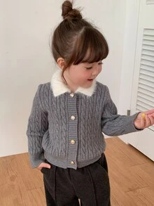 DAZY Baby Girls Contrast Color Lapel Long Sleeve Cardigan - Grey - View 8