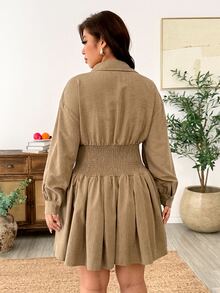 Weeklong Gaun Pendek Lengan Panjang Bahan Suede Imitasi dengan Pinggang Ramping Ukuran Plus untuk Musim Gugur - Coklat - View 2