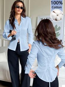 SHEIN EZwear 100%純棉淺天藍色女款休閒百搭款前開扣後收腰修身長袖襯衫，適合秋冬穿著 - 淺藍色 - 查看 11