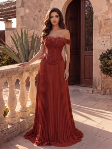 Coutiva Women's Elegant Evening Dress With 3D Floral Decor, Off-Shoulder Design And Pleated Hem - Rust Brown - View 5
