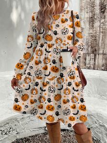 Breezaya Plus Size Women's Halloween Pumpkin Ghost Bat Print Lantern Sleeve Ruffle Cuff Tiered Swing Smock Dress,Spooky Cute Fall Casual Boho Party Dress - Multicolor - View 3