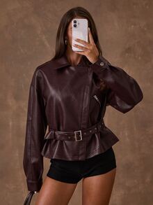SHEIN BAE Jaket Kulit PU Wanita Warna Polos dengan Bahu Longgar, Lengan Panjang, dan Resleting Depan - Burgundy - View 5