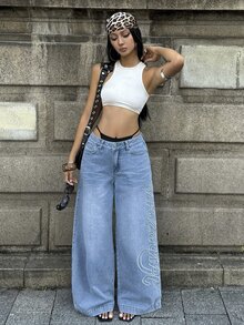 StreetHx 女款字母印花口袋寬腿寬鬆休閒牛仔褲 - 黑色 - 查看 3