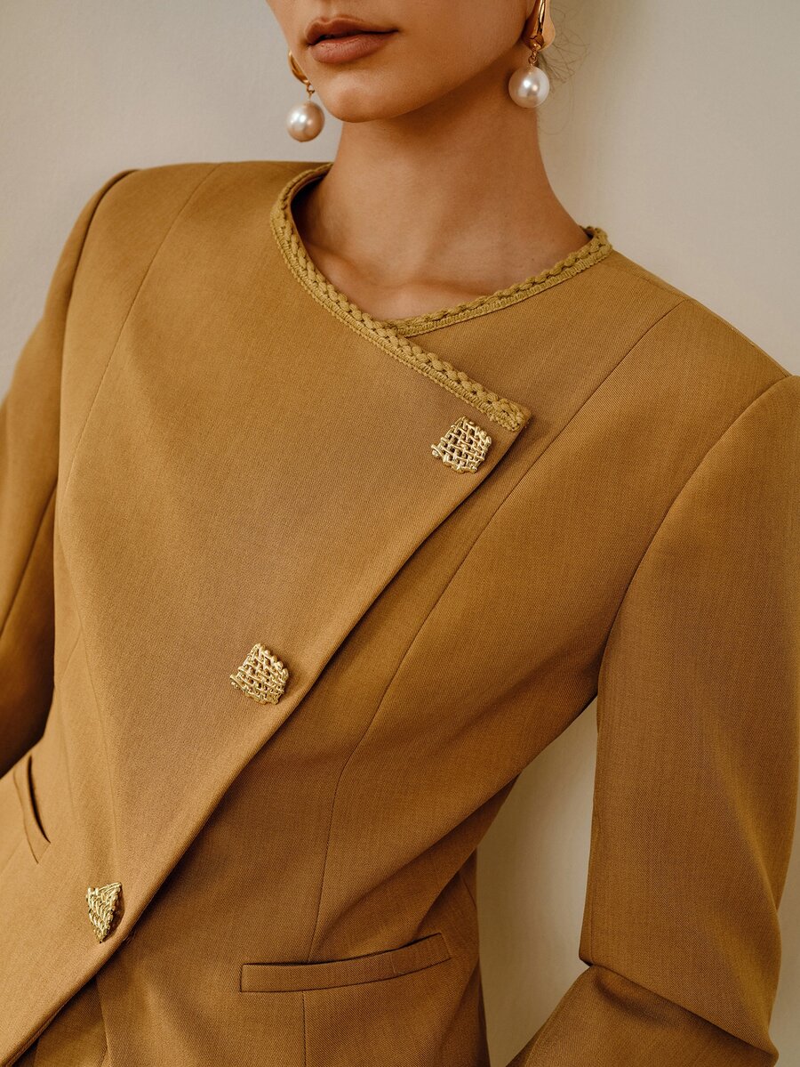 ZEYLAH Elegant Commuter Waist-Cinching Asymmetrical Front Short Blazer - Camel - View 1