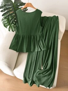 CosyJoli Plus Size Casual Vacation Striped Sleeveless A-Line Doll Shirt And Straight Leg Casual Pants 2 Pieces Set - Green - View 2