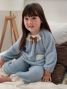 DAZY Baby Girls Round Neck Casual Comfortable Korean Style Long Sleeve 2 Pieces Set Autumn/Winter Loungewear - Baby Blue - View 6