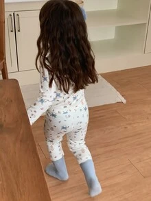 DAZY Baby Girls Round Neck All-Over Print Long Sleeve T-Shirt And Long Pants Loungewear Fall - Beige - View 2