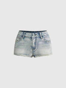ROMWE Street Life Y2K Sexy Hot Girl Slogan Print Distressed Washed Plus Size Denim Shorts - Black - View 2