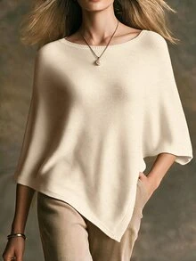 SHEIN 新款春夏海濱簡約不對稱針織披肩女款 船領三角下擺 度假風層搭 - 杏色 - 查看 3