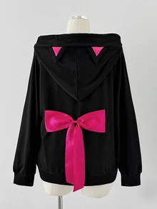 Sunspun Plus Size Women's Bowknot Decor Casual Versatile Hooded Jacket Fall - Black - View 2