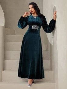 Veilorie فستان حفلة فاخر أنيق جديد مزين بالراينستون الثقيل بتصميم خصر مشدود وطيات أنيقة - أخضر داكن - مشاهدة 6