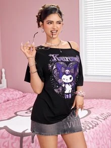 HELLO KITTY AND FRIENDS | SHEIN Women's Summer Casual Cartoon Print Asymmetric Collar T-Shirt - Black - View 5