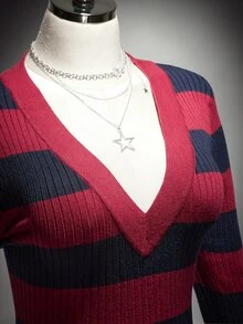 SHEIN ICON 大尺碼復古搖滾休閒Y2K學院風酒紅海軍藍拼色條紋針織上衣，萬聖節晚間外出秋季穿搭 - 彩色 - 查看 6