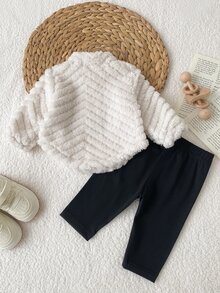 SHEIN 新生兒秋冬毛絨夾克與彈性長褲2件套，0-12個月嬰兒休閒字母印花立領半拉鍊套頭上衣與長褲套裝，適合日常穿著、外出及多種場合 - 彩色 - 查看 3