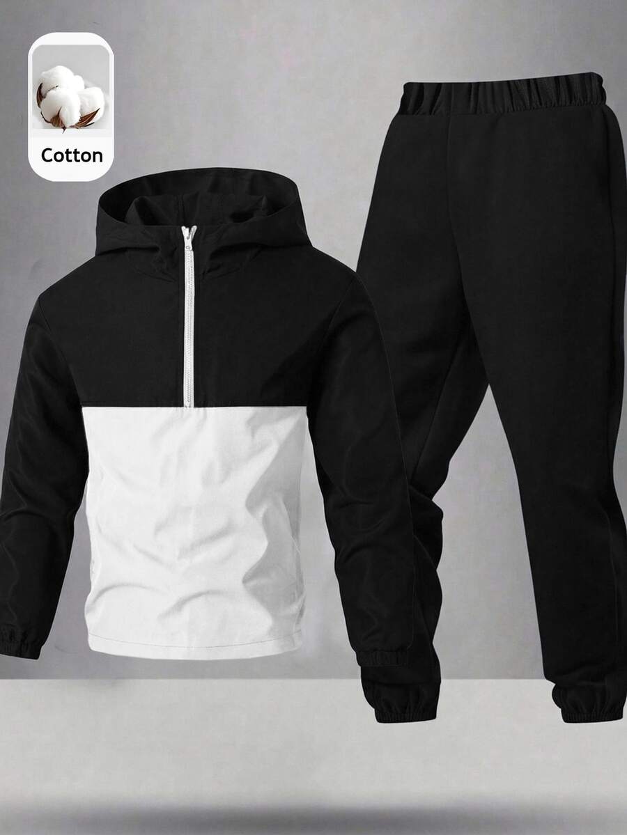 SHEIN 2pcs Kids Tween Boy Half-Zip Hooded Jacket And Jogger Pants Set, Suitable For Commuting, School, Daily Casual Wear, Sports, Autumn/Winter - Black and White - View 1
